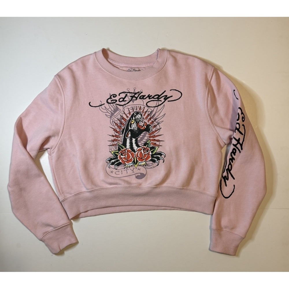 Ed Hardy Women's Size Medium Panther Rose Cropped Sweatshirt